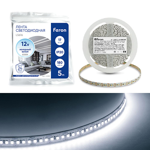 Лента светодиодная, 180SMD(2835)/m 17W/m 12V 5m 6500К, LS616 FERON